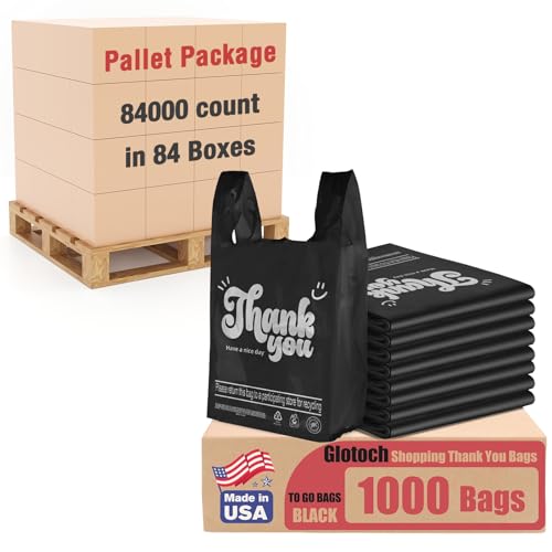 Glotoch 84000 (84K) Count Black Plastic Thank You T-shirt Bags (Pallet Package) in Bulk for Small Business, Grocery Shopping Bag with Handles for Restaurant, Retail, Togo, Takeout, Convenience Stores - color: Black Thank You, size: 84000 Count