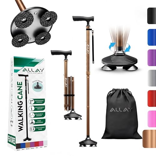Allay Walking Canes for Men & Women - Adjustable Canes for Women for Stability, Self Standing Wide Quad Pivot Base, Light Weight, Soft Handle Grip and Travel Bag, Walking Sticks for Seniors - color: Brown