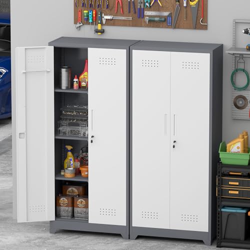 IRONFFICE Metal Garage Storage Cabinets,Broom Closet Storage Cabinet with Doors and Shelves,Tall Utility Closet Cabinet with Pegboard,Laundry Cabinet for Garage,Warehouse,Home,Basement,Grey-White - size: 15.74"D x 23.62"W x 65"H-Grey/white