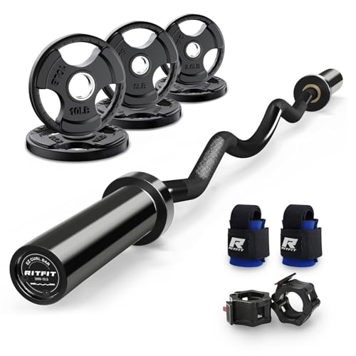 RitFit 2 Inch EZ Curl Bar with Weights, 350LBS Capacity Olympic Barbell for Bicep & Triceps, Home Gym Strength Training - style: Black(with 35LB Weights,Collar and wrist)