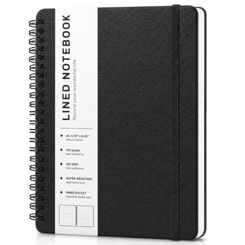 ABERLLS Lined Spiral Journal Notebook with 160 Pages, 8×5.7in, A5 Spiral Notebook, Journaling Notebooks for Work, School, Women, Men, College Ruled Spiral Notebook, Hardcover Leather Journals, Black - color: Black, size: A5