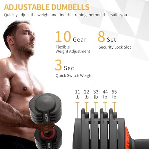 SKOK 25/55 lbs Pair Adjustable Dumbbells Set, Adjustable Weights Dumbbells Set for Men and Women with Anti-Slip Fast Adjust Weight by Turning Handle Dumbbell with Tray - color: 55lbs-Single