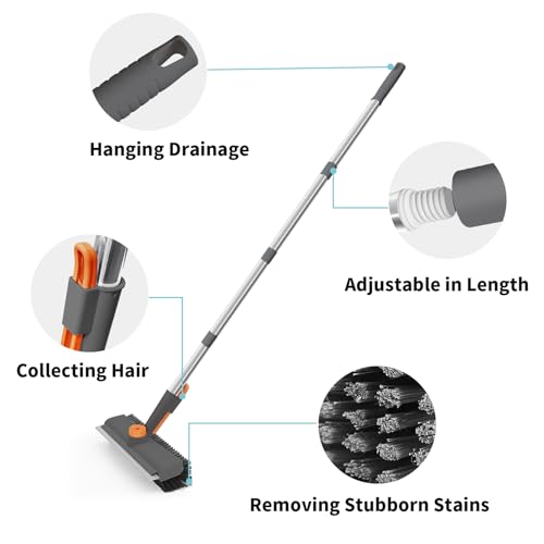 Floor Scrub Brush with Long Handle, 3 in 1 Scrape and Heavy-Duty Stiff Bristle Scrubber Brush for Cleaning Shower Bathroom, Patio, Pool, Garage, Kitchen, Wall and Deck (Gray, 2 Pack) - color: Gray, size: 2 PACK