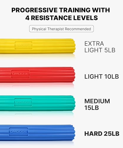 DMoose Fitness Flex Resistance Bar for Physical Therapy - Non-Slip Odorless Material, Exercise Bar for Tennis & Golfers Elbow Tendonitis Relief - Wrist and Forearm Strengthener & Grip Strength Trainer - color: Blue Red Green Yellow