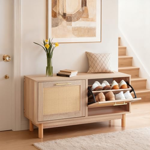 VEVOR Rattan Shoe Storage Bench, Entryway Bench with 2 Flip Drawers, Holds up to 300 lbs with 4 Compartments and 2 Rattan Doors, 39.4 x 11.8 x 20.9 Inches for Hallway, Living Room, Bedroom - size: 2 Rattan Doors