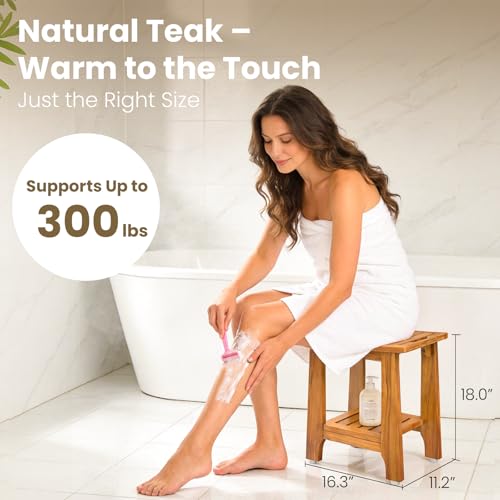 18" Standard Teak Shower Bench with Shelf & Handle - Waterproof, Non-Slip Bath Stool, 300 lbs Capacity - Fits Standard Tubs/Showers & Outdoor Use (Patented) - size: 18"W x 12" Dx 18"H