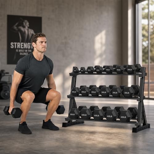 HANDBODE Rubber Coated Hex Dumbbell Set with Rack, 300-840 lb | Fixed Weights Sets with Heavy Duty Storage Stand, Multiple Weight Options Home Gym Equipment for Strength Training - style: 450 lb Set (5-45 lb) with Rack