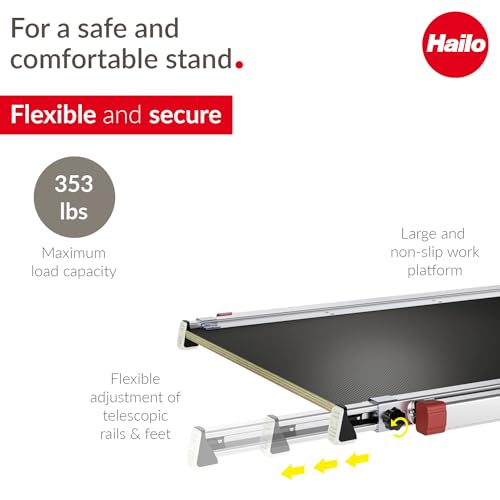 Hailo TP2 Plus | Work & Staircase Platform | Length and Height-Adjustable Telescopic Rails and feet | Integrated Bubble Level | for use with Step stools & stepladders - style: TP2 Plus (work platform)