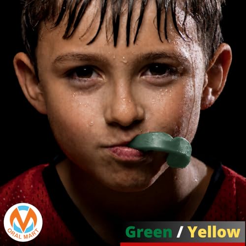 Oral Mart Youth Sports Mouth Guard for Kids (USA Flag, Fangs, 20+ Colors to Choose from) Mouthguard for Football, MMA, Karate, Boxing, Rugby, BJJ, Flag Football – /w Case (Youth, Strapless) - color: Green/Yellow