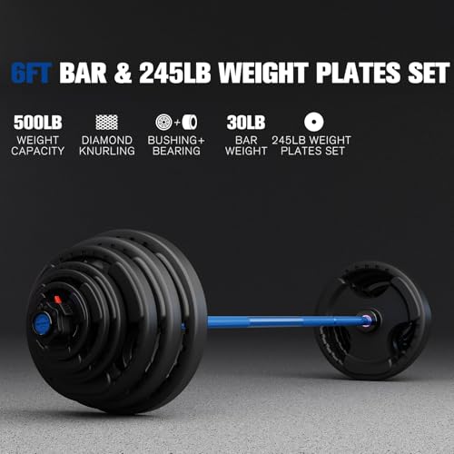 RitFit Barbell Weight Set - 4/6FT Olympic Barbell with Weight Plates (55-115LB Total) - Weightlifting Equipment for Squats, Curls, Deadlifts, Presses, Hip Thrusts - color: Black/Blue, size: 6FT With 245LB Plates