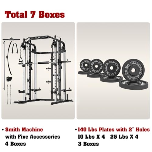 Smith Machine, Multifunctional Power Cage Rack with Smith Bar and Cable Pulley System, and LAT Pull Down Machine for Home Gym… - style: Power Cage with 140 Lbs Plates