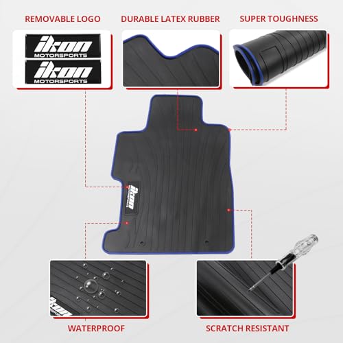 Fit 2006-2011 Honda Civic Coupe & Sedan Floor Mat Black w/Blue Edge | IKON MOTORSPORTS, All Weather Easy Clean Interior Car Carpets Full Set 3 Pieces - color: Black W/ Blue Edge