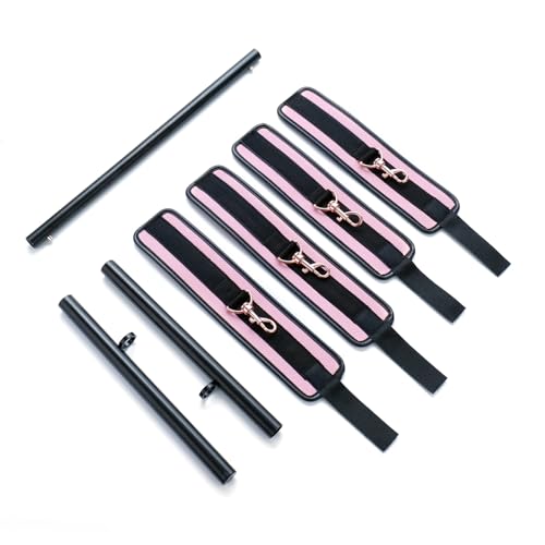 Spreader Bar Heavy Duty Stainless Steel Expandable Bar Home Gym with 4pcs Furry Crocodile Adjustable Strap,Sports Aid Training Pilates Aid Kit,Indoor Yoga Set - style: Black+Pink PU Kit