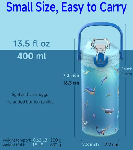 MYFOREST 14oz/400ml Insulated Kids Water Bottle, Odor-free Liner, 3D Touch | No Plastic Taste, Surgical Steel - No Chemical Leaching, Name Spot, Soft Sipper, Gift for Thalassophile, Ocean. Narwhals - color: Ocean. Narwhals