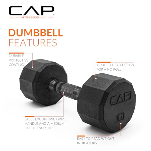 CAP Rubber Coated Dumbbell Weights, Free Weights for Home Gym Strength Training, Anti-Roll Hex Dumbbells with Black, Chrome & Comfort Grip Handles, Singles - size: 10 lb, style: 12-Sided - Black Handle