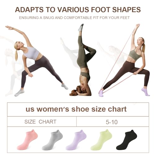 5 Pairs Pilates Socks with Grips for Women Non Slip Grip Yoga Crew Socks for Barre Hospital Barefoot - color: A - Black Gray Pink Green Purple