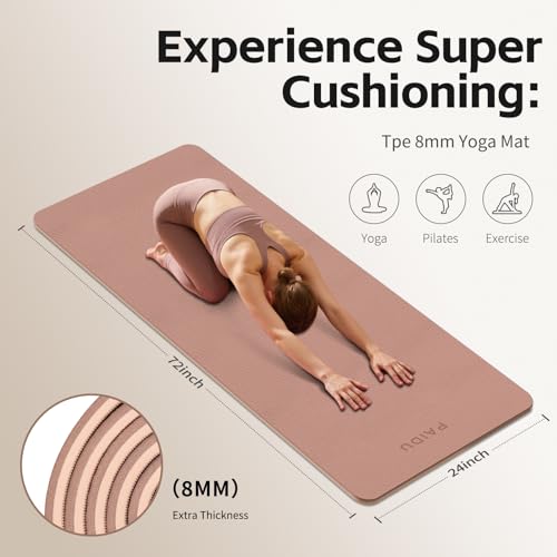 PAIDU Yoga Mat 8mm TPE Non‑Slip Fitness Mat with Strap for Home Workouts | SGS Certified, Odorless, Tear‑Resistant, Unisex, for Yoga, Pilates, Meditation, Home & Gym Workouts - color: Brown&Apricot