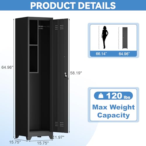 IRONFFICE Metal Utility Closet with Hanging Rod,Narrow Broom Closet with Door,Slim Laundry Storage Cabinet for Bathroo,Gym,Living Room,Black - size: 15.75"D x 15.75"W x 64.96"H-Black