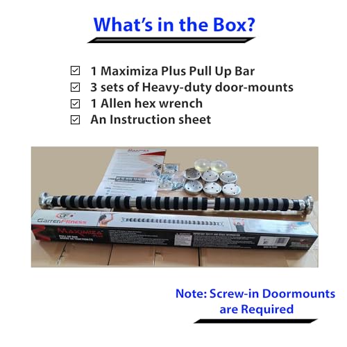 Maximiza Plus Doorway Pull Up Bar – Adjustable Width Screw-In Bar (V2) | Fits Wide doorways 36-50 inches. Maximum 330 lb load capacity. 3 sets of screw-in door-mounts included for safe home workouts