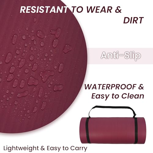Signature Fitness Extra Thick High-Density Foam Yoga Mat – Multiple Thicknesses (1/2" & 1") / Multiple Colors – Double-Sided Non-Slip Surface – with Carrying Strap for Pilates, Yoga & Home Workouts - color: Burgundy