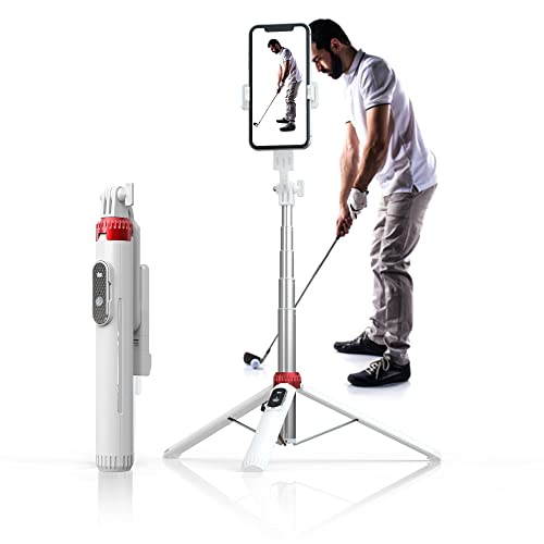 62" Phone Tripod & Selfie Stick for Golf Training, Extendable Cell Phone Tripod Stand with Wireless Remote and iPhone Holder, Golf Training Aid - Compatible with iPhone Android (White)