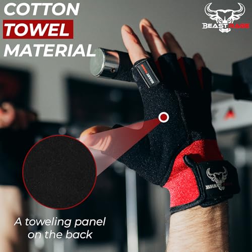 BEAST RAGE Workout Gloves for Men, Durable Palm Grip Gym Gloves Women Half Finger Elasticated Training Weight Lifting Strength Bodybuilding Anti Slip Cycling Gloves Exercise - color: Red, size: Medium