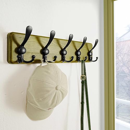 Dseap Wall Mount Coat Hanger - Heavy-Duty Robust Barnwood-Style Wooden Hook Rail with 5 Triple Hooks for Winter Coats, Hats, Jackets, Weathered Green & Black - color: Weathered Green & Black, size: L=17.4"