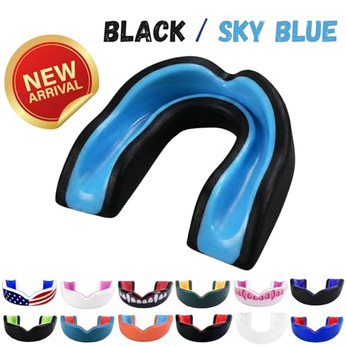 Oral Mart Youth Sports Mouth Guard for Kids (USA Flag, Fangs, 20+ Colors to Choose from) Mouthguard for Football, MMA, Karate, Boxing, Rugby, BJJ, Flag Football – /w Case (Youth, Strapless) - color: Black / Sky Blue