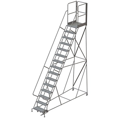 Tri-Arc RWSR115246-XR 15-Step Gateway Rear-Exit Steel Rolling Ladder with 30" Deep Top Platform, Perforated Tread with Handrails, 24" Wide Steps, Gray - size: 15-Step, style: Perforated Tread