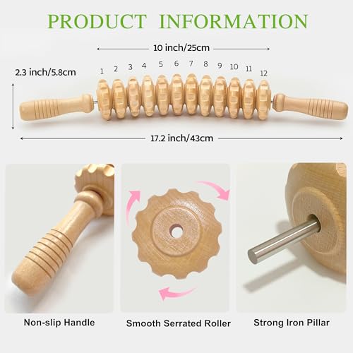 Wooden Curved Handheld Roller Stick Massager - 12 Rollers Wood Therapy Tool for Trigger Point, Fascia & Cellulite Reduction, Lymphatic Drainage, Muscle Tension Relief & Body Shaping (Wood) - color: Wood-12 Rollers