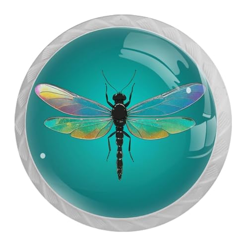 4 Pack White Cabinet Knobs Round Drawer Pulls, Dragonfly Green Drawer Handles, Kitchen Hardware for Dresser Drawers Closets Cupboard Bathroom Bedroom Home Decor - color: Dragonfly Green