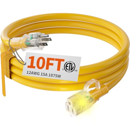 HUANCHAIN 12/3 Gauge Heavy Duty Outdoor Extension Cord 10 ft Waterproof with Lighted end, Flexible Cold-Resistant 3 Prong Electric Cord Outside, 15Amp 1875W 12AWG SJTW, Yellow, ETL - color: Yellow, size: 10FT