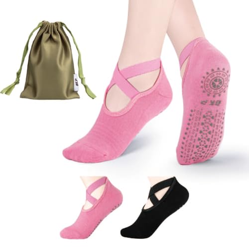 BKP Yoga Socks for Women,Pilates Socks Non Slip Grip Socks Suitable for Ballet,Plasticity,Dance,Home,Training - color: 2pairs-(1black&1pink)