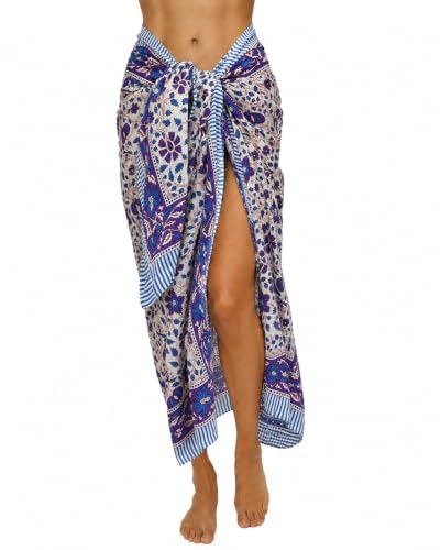 100% Cotton Hand Block Print Pareo Sarong Swimsuit Wrap Skirt Cover Up Long Women’s Apparel Fabric Beach Bikni (73" x 44") - color: Blue 10