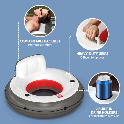 QPAU Inflatable River Tube, 0.4 mm Thickened Puncture-Resistant Heavy Duty River Float, River Raft with Ergonomic Backrest, Mesh Bottom & 2 Cup Holders for Adults and Friends Lake Float - color: C-Black&Red