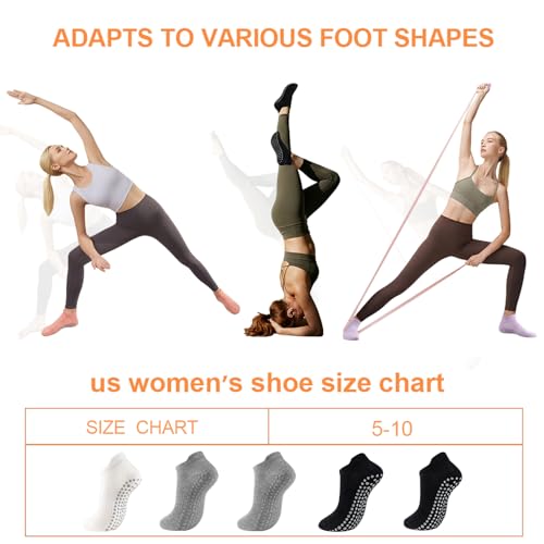 5 Pairs Pilates Socks with Grips for Women Non Slip Grip Yoga Crew Socks for Barre Hospital Barefoot - color: B - 1 White 2 Black 2 Gray