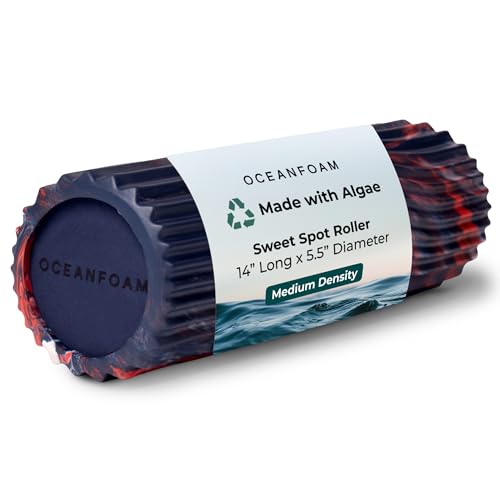 Oceanfoam Sweet Spot Medium Exercise Foam Roller 14"x5.5" – Medium Density Travel Foam Roller for Physical Therapy, Deep Tissue Massage, Yoga, Pilates, Wave Texture (Dark Navy, Red & Natural Marbled) - color: Dark Navy, Red & Natural Marbled