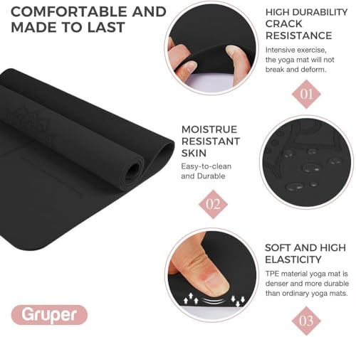 Gruper Yoga Mat Non Slip TPE Extra Wide Yoga Mat with Alignment Mark, 72"L x 32"W x 0.32"/0.24"Th (183cm x 80cm x 8mm/6mm), Anti-Tear Exercise Mat with Carrying Strap and Bag, Workout Mats for Yoga, Pilates - color: Black, size: 0.24*32*72 Inches
