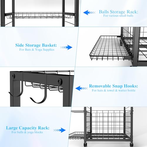 Sports Equipment Garage Organizer,Garage Ball Storage Rack for Sports with Wheels-Upgraded 3 Layers Sports Organizer Rack Outdoor Basketball Racks for Balls with Holder and Hooks - color: Black