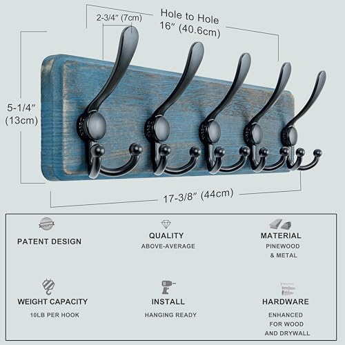 Dseap Coat Rack Wall Mount - Heavy-Duty Robust Barnwood-Style Wooden Wall Coat Hanger Hook Rail with 5 Triple Hooks for Winter Coats Hat Jacket Clothing, Weathered Blue & Black - color: Weathered Blue & Black, size: L=17.4"