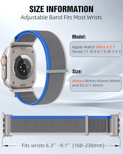 Trail Loop Nylon Sport Band Compatible with Apple Watch Ultra 3 2 Band for Men 49mm 46mm 45mm 44mm 42mm, Rugged Breathable Sport Adjustable Strap for iwatch bands Series 11/10/9/8/7/6/5/4, SE 3 2 1 - color: Blue+Gray(Sliver)