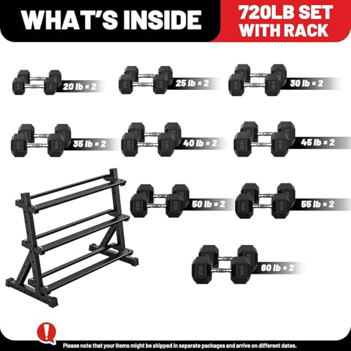PAPABABE Dumbbell Set with Rack Dumbbells Rubber Encased Home Gym | PAPABABE Complete & Durable Cast Iron Core Odorless PVC Antiroll Hex Shape Ergonomic Chrome Handle Versatile Home Gym - size: 720LB with 3-Tier Weight Rack