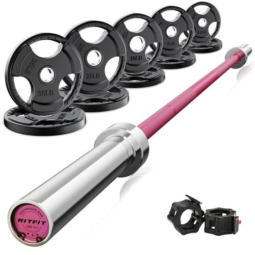 RitFit Barbell Weight Set - 4/6FT Olympic Barbell with Weight Plates (55-115LB Total) - Weightlifting Equipment for Squats, Curls, Deadlifts, Presses, Hip Thrusts - color: Pink, size: 6FT With 155LB Plates