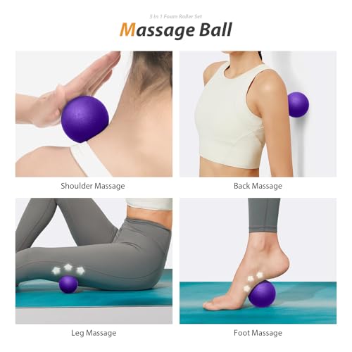 5 in 1 Foam Roller Set for Deep Tissue Muscle Massage, High Density Trigger Point Fitness Patented Exercise Foam Roller, Massage Roller, Massage Ball, Resistance Band, for Whole Body(Purple) - color: Purple