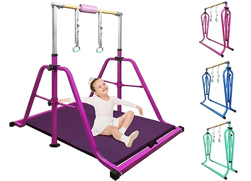 Foldable & Moveable Gymnastics Horizontal Bar with Rings,3’to 5’Adjustable Height Expandable Junior Kip Bar for Home,Indoor Gym Equipment for Kids - style: MAT-Purple with Rings