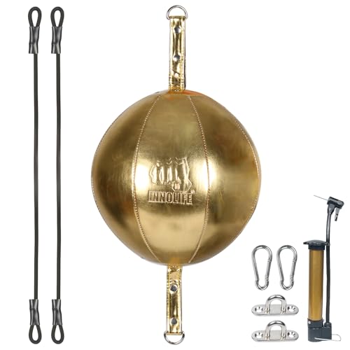 InnoLife Double End Punching Ball Striking Punching Bag Kit, Speed Striking Reflex Kit with Bungee Cords Perfect for Reaction, Agility, and Hand Eye Coordination Training - color: Gold