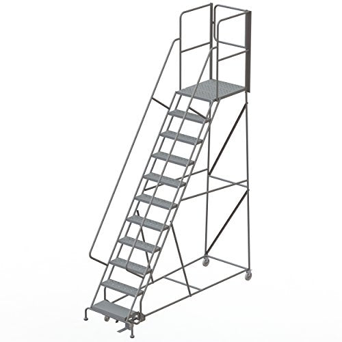 Tri-Arc RWSR111246-XR 11-Step Gateway Rear-Exit Steel Rolling Ladder with 30" Deep Top Platform, Perforated Tread with Handrails, 24" Wide Steps, Gray - size: 11-Step, style: Perforated Tread
