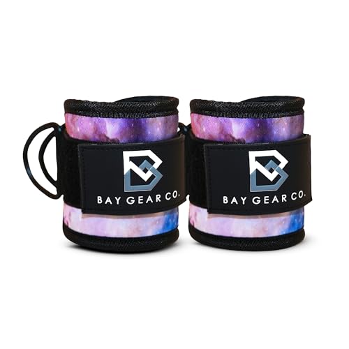 Bay Gear Co. Ankle Straps – Strong Hook and Loop System & Neoprene Padded for Cable Machine Glute Workouts, Slick Black Stainless Steel D Ring, Adjustable Fit, Different Design, Single/Pair. - color: Galaxy, size: Pair