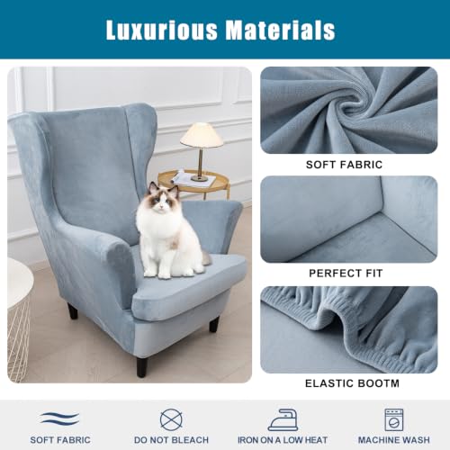 NILUOH Thick Velvet Wingback Chair Slipcovers 2-Piece, Stretch Wing Chair Covers Soft Sofa Slipcover Wing Back Armchair Cover Furniture Protector for Living Room - color: Foggy Blue