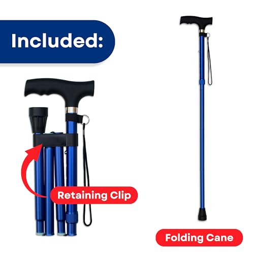 RMS Folding Cane - Foldable Walking Cane with Adjustable Height - Collapsible and Lightweight - Soft Ergonomic Handle for Comfortable Grip - Portable Walking Stick for Mobility Aid - color: Blue
